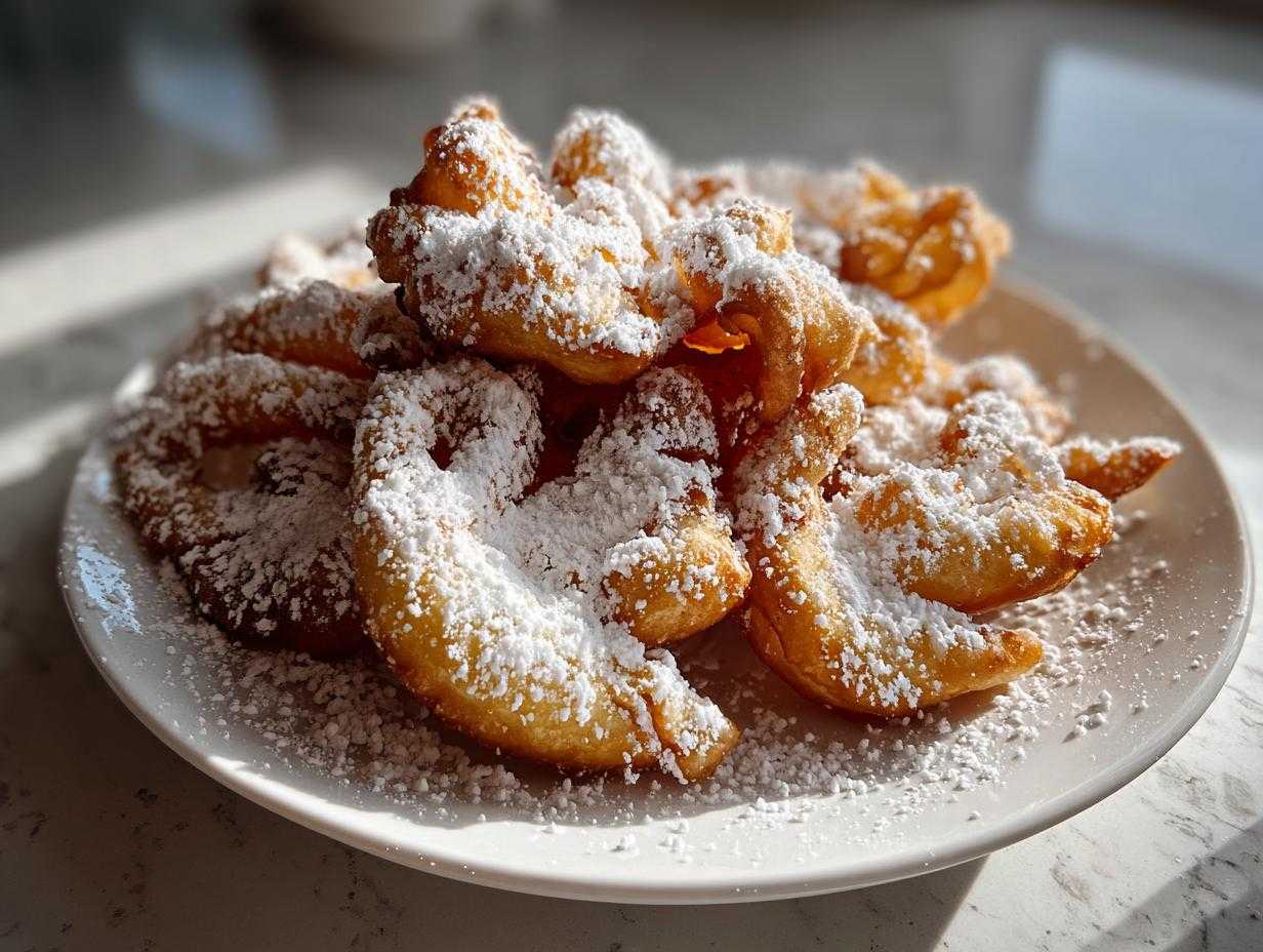 Talerz pełen chrupiących faworków bez śmietany, obficie oprószonych cukrem pudrem.