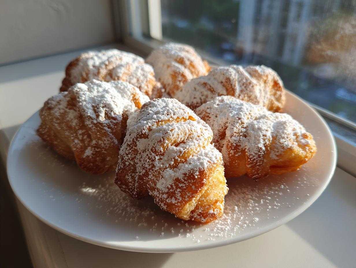 Zdjęcie przedstawia talerz złotych faworków z ciasta na pierogi obficie posypanych cukrem pudrem.