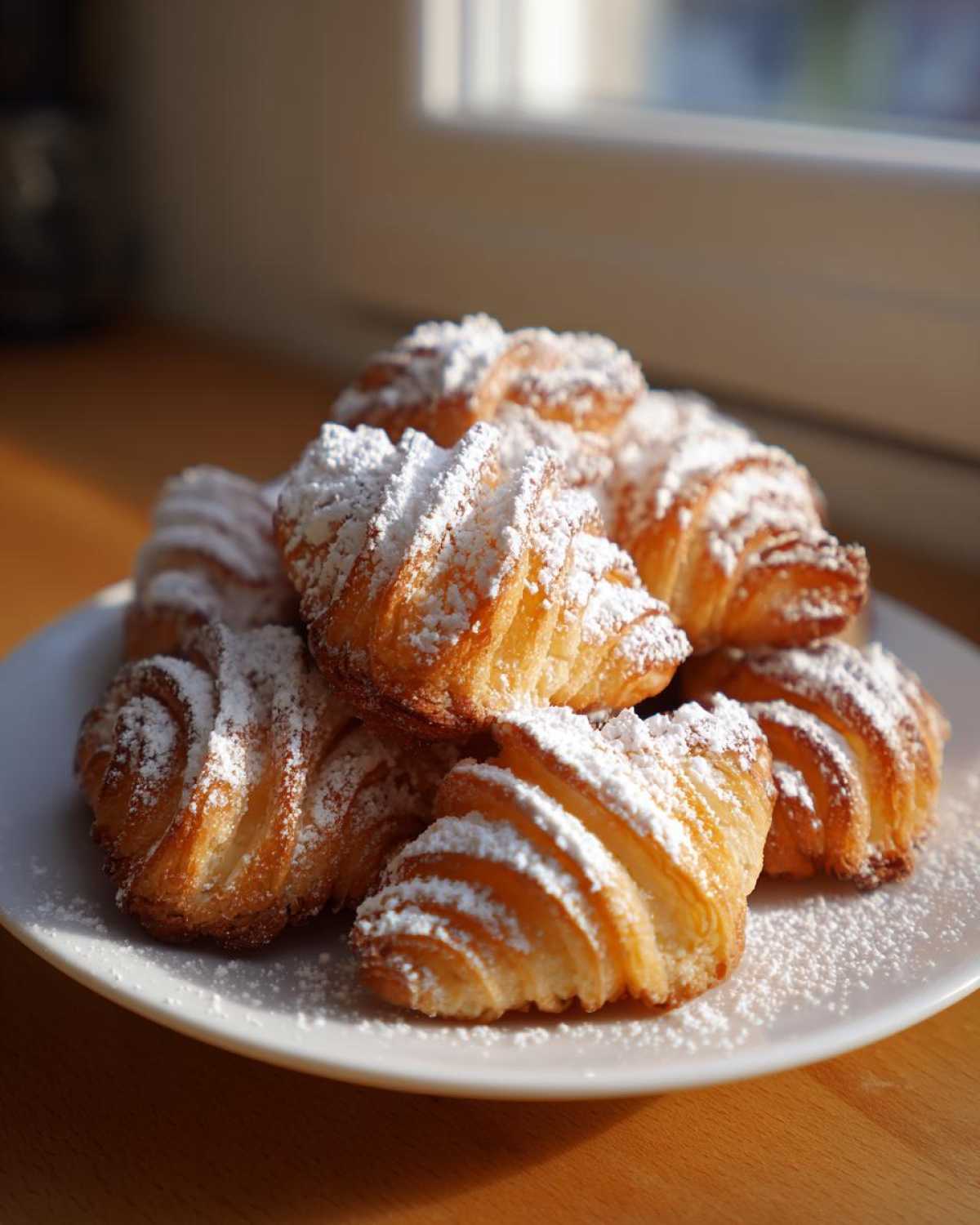 Stos puszystych faworków z piekarnika obficie posypanych cukrem pudrem na białym talerzu.