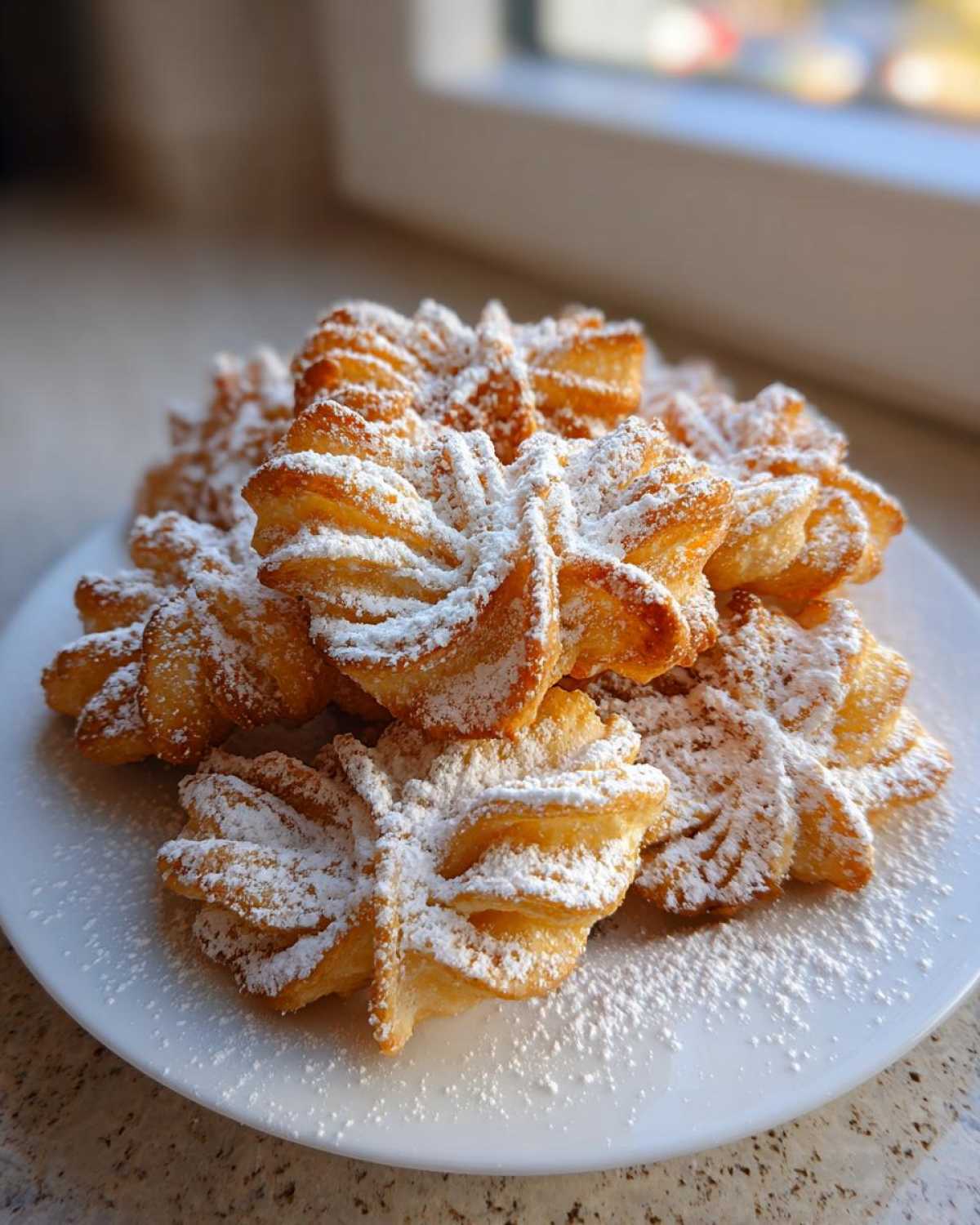 Stos chrupiących Faworki z piekarnika obficie posypanych cukrem pudrem na białym talerzu.