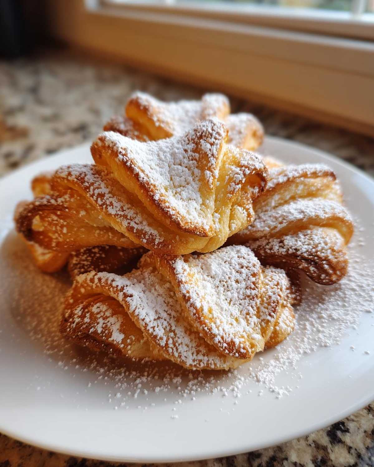 Stos puszystych faworków z piekarnika obficie posypanych cukrem pudrem na białym talerzu.