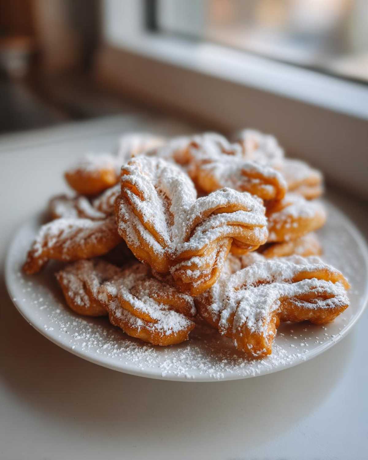 Talerz pełen chrupiących Faworki z piekarnika, obficie oprószonych cukrem pudrem, na tle okna.