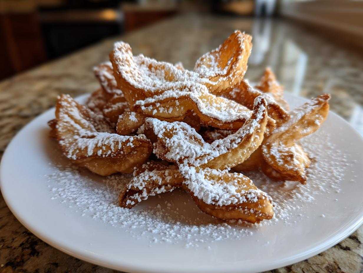 Stos chrupiących faworków z piekarnika obficie posypanych cukrem pudrem na białym talerzu.