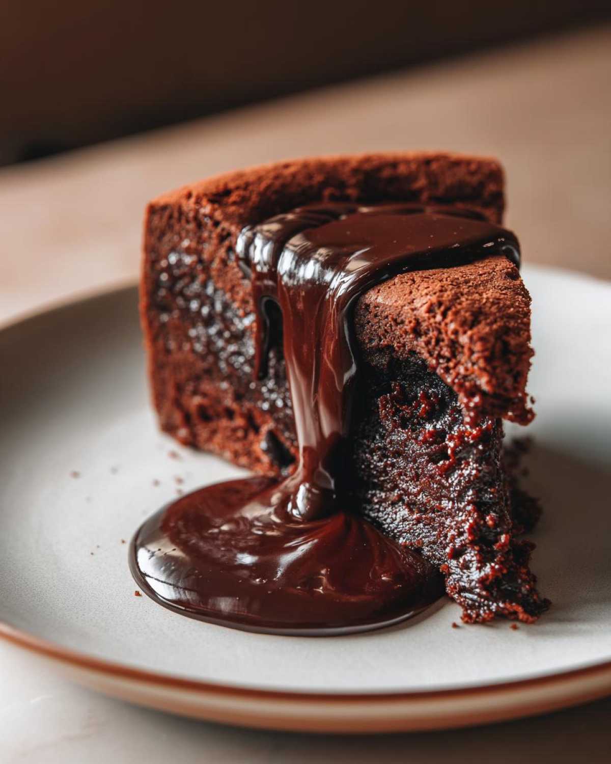 Kawałek Fondant czekoladowy z płynnym środkiem, polany gorącą polewą.