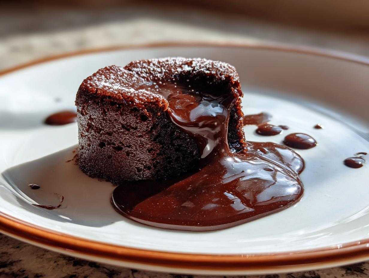 Zbliżenie na wilgotny Fondant czekoladowy z płynnym środkiem wylewającym się na talerz.