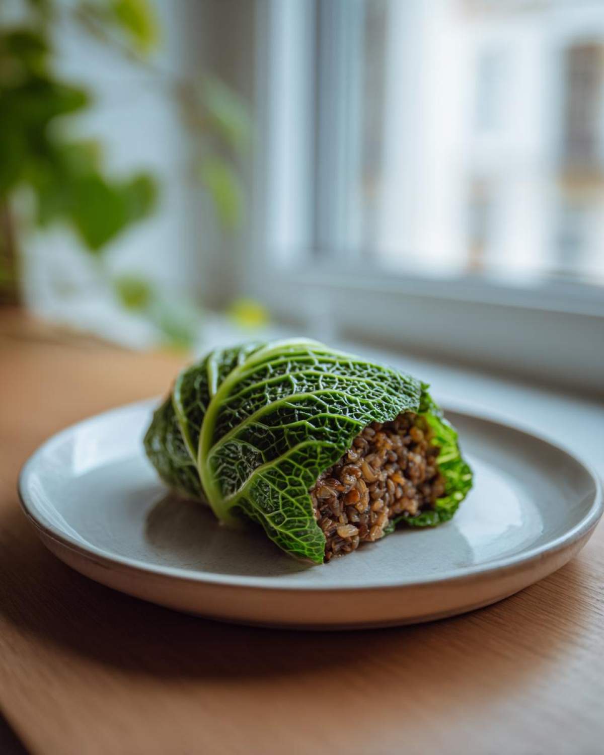 Zbliżenie na pojedynczy gołąbek bez mięsa z kaszą zawinięty w liść kapusty włoskiej, na jasnym talerzu.