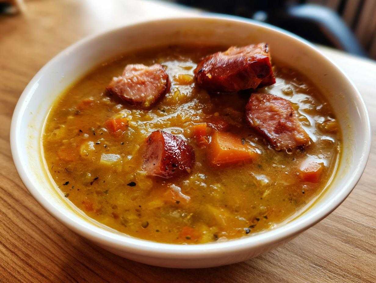 Zbliżenie na miskę gęstej Grochówki wojskowej na wędzonce z kawałkami wędzonej kiełbasy i marchewki.