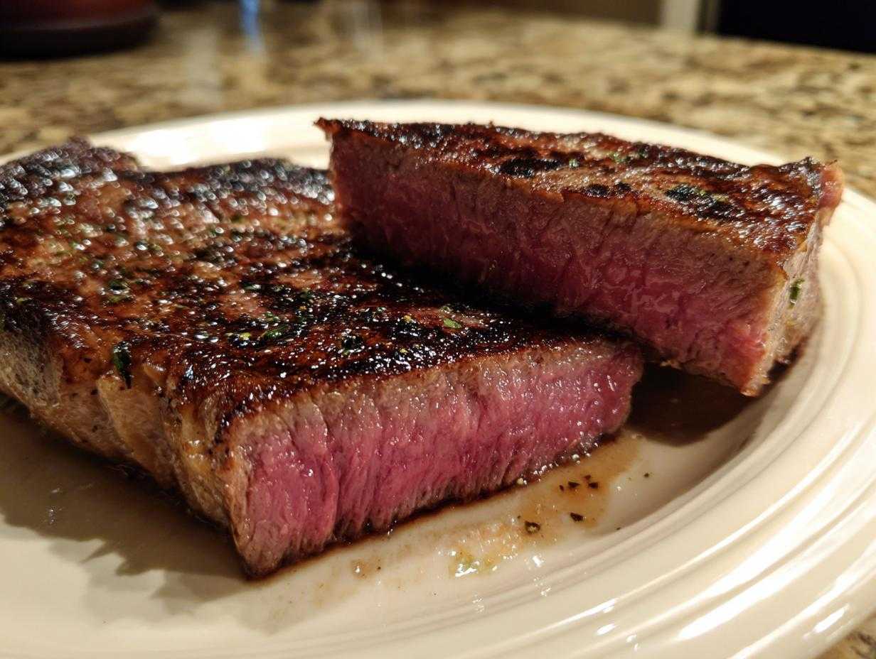 Przekrojony na pół, idealny stek wołowy z chrupiącą skórką i różowym środkiem.