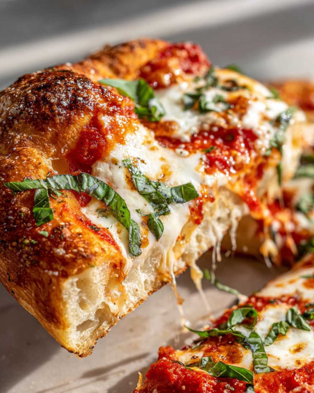 Zbliżenie na kawałek puszystej Pizza domowa margarita z ciągnącym się serem i świeżą bazylią.