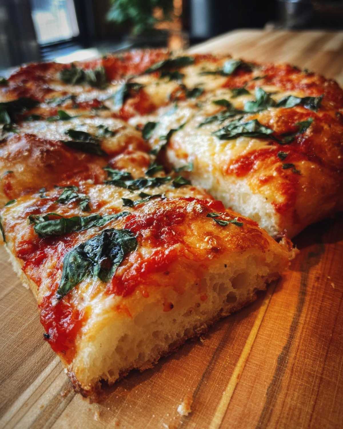 Zbliżenie na kawałek puszystej pizzy domowej margarita z serem, sosem pomidorowym i bazylią na drewnianej desce.