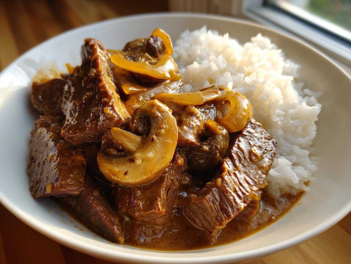 Porcja klasycznego Strogonow wołowy z kawałkami wołowiny i grzybami na białym ryżu.