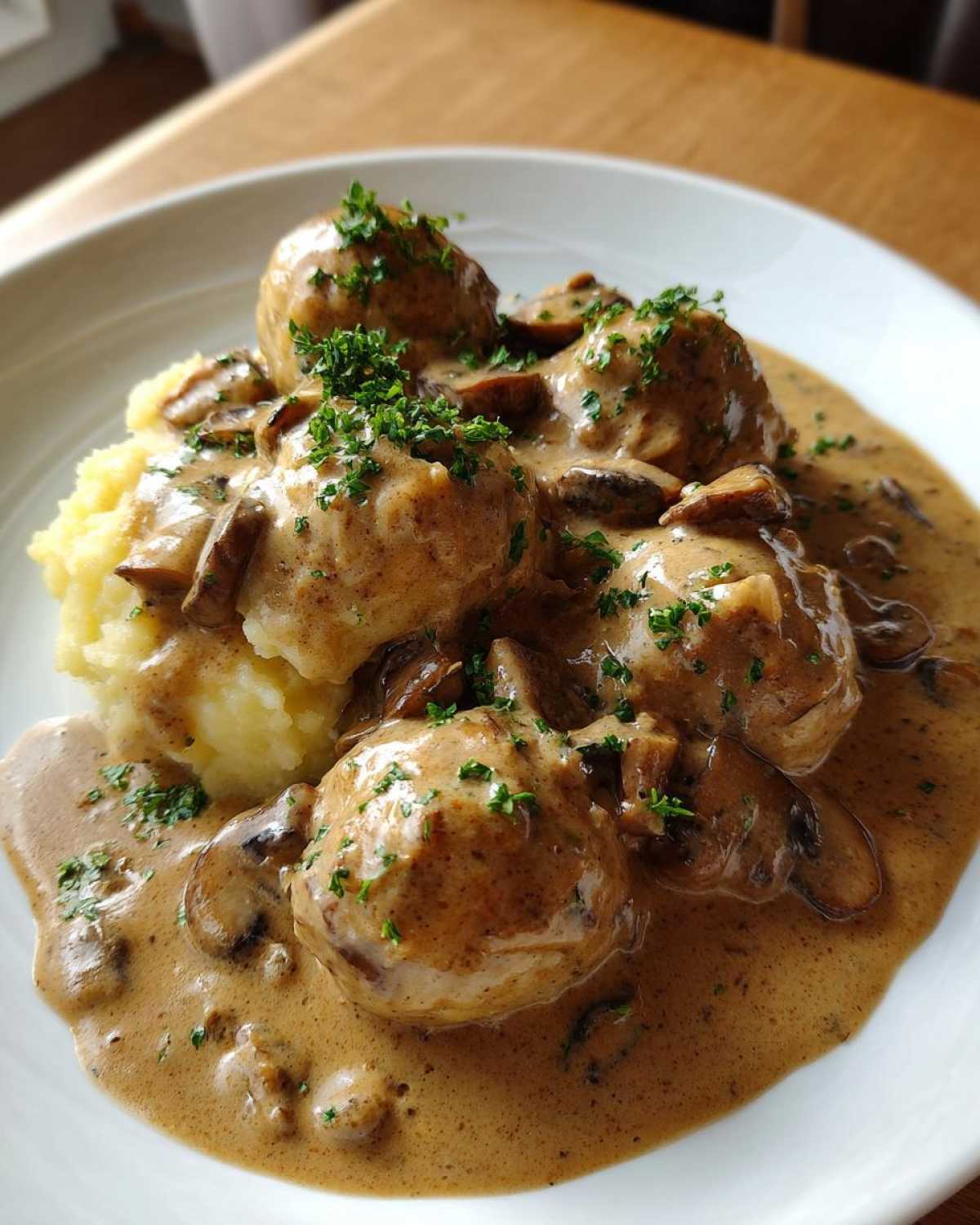 Porcja kluski śląskie z sosem pieczarkowym i mięsem, posypana natką pietruszki.