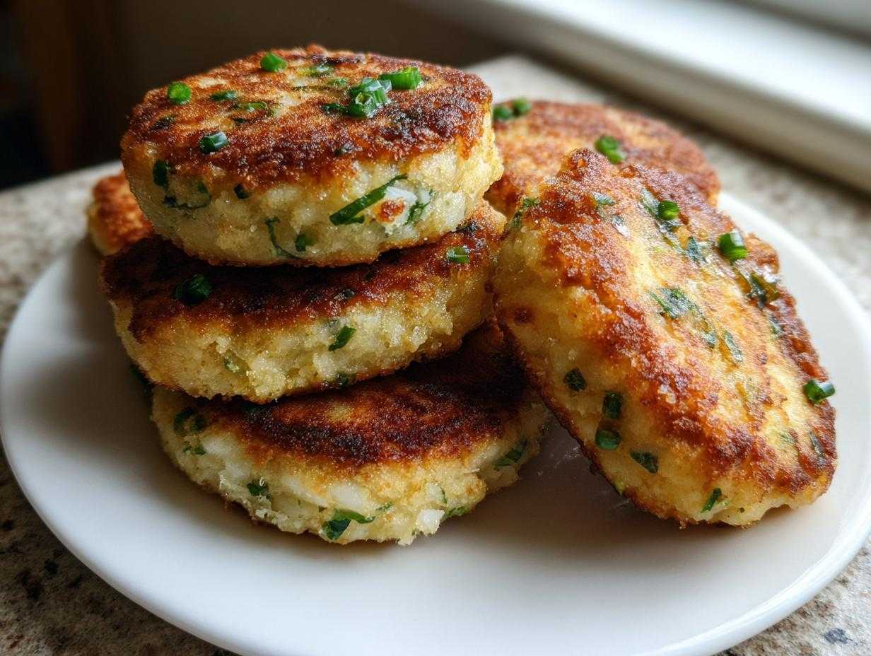 Stos usmażonych, złocistych kotletów jajecznych ze szczypiorkiem, ułożonych na białym talerzu.
