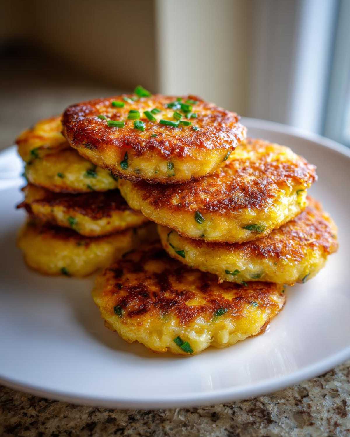 Zbliżenie na stos złocistych Kotletów jajecznych ze szczypiorkiem, posypanych świeżym szczypiorkiem.