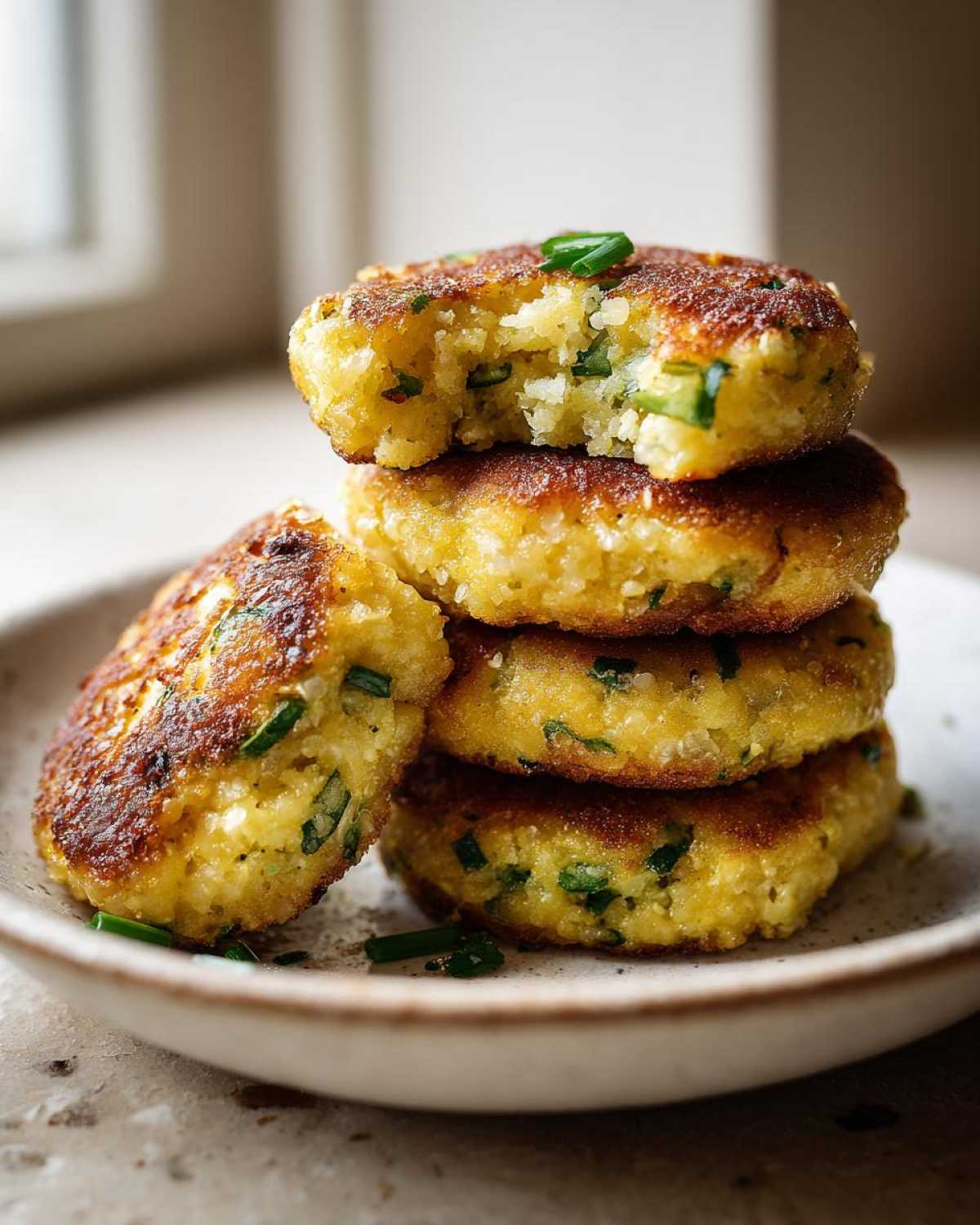 Zbliżenie na stos czterech złotobrązowych Kotletów jajecznych ze szczypiorkiem, jeden z nich jest nadgryziony.