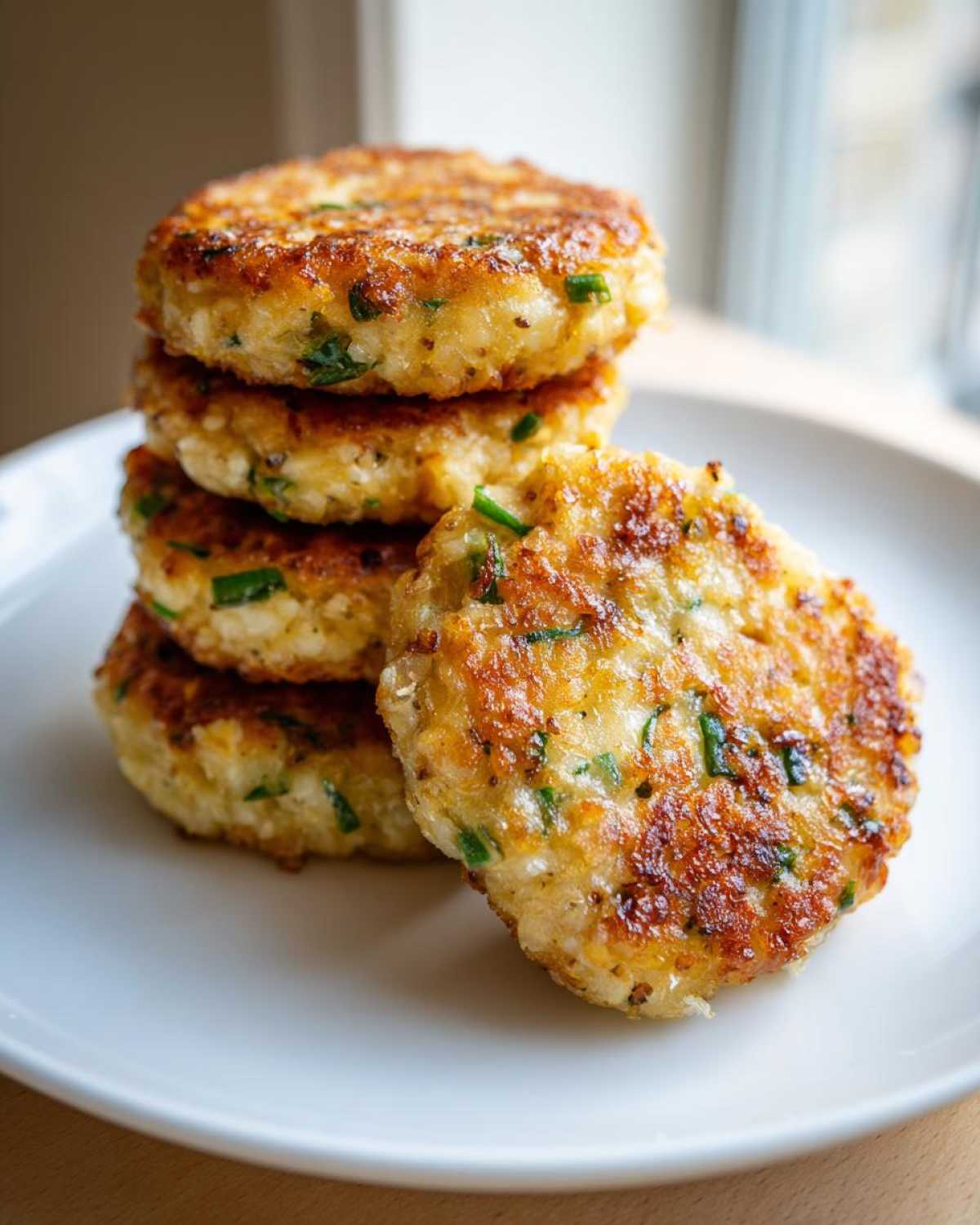 Zbliżenie na stos usmażonych Kotletów jajecznych ze szczypiorkiem na białym talerzu.
