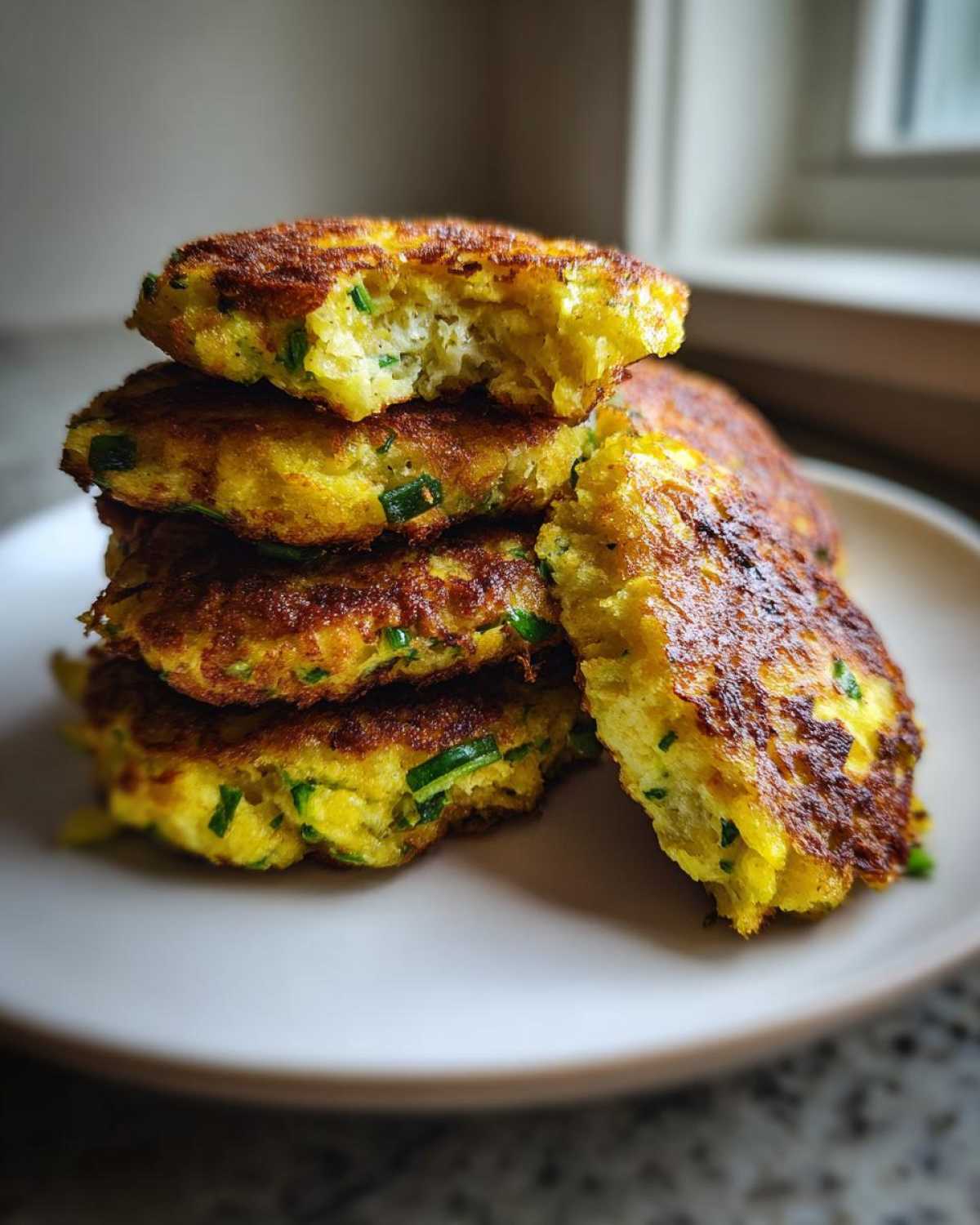 Zbliżenie na stos usmażonych, złocistych kotletów jajecznych ze szczypiorkiem, jeden jest nadgryziony.
