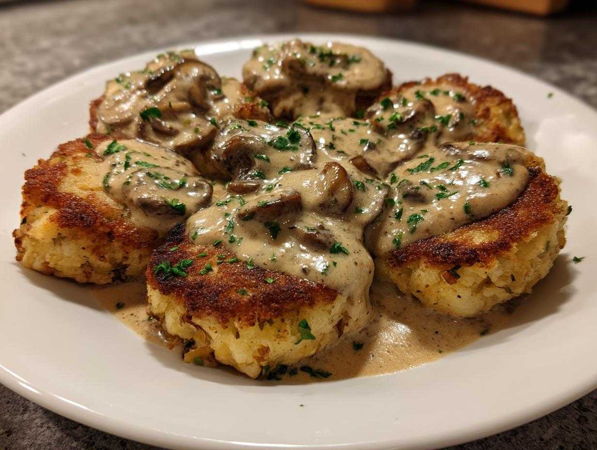 Pięć złocistych kotletów ziemniaczanych polanych kremowym sosem grzybowym i posypanych szczypiorkiem.