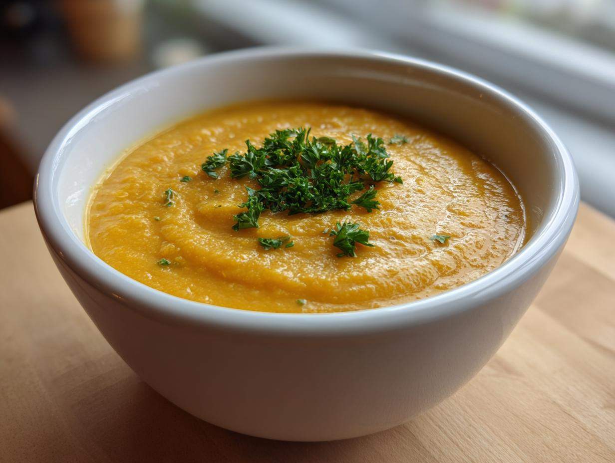 Zbliżenie na kremową, pomarańczową zupę soczewicową czerwoną, udekorowaną natką pietruszki w białej misce.