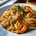 Zbliżenie na talerz pełen kremowych Krewetki z makaronem i czosnkiem, posypane natką pietruszki.