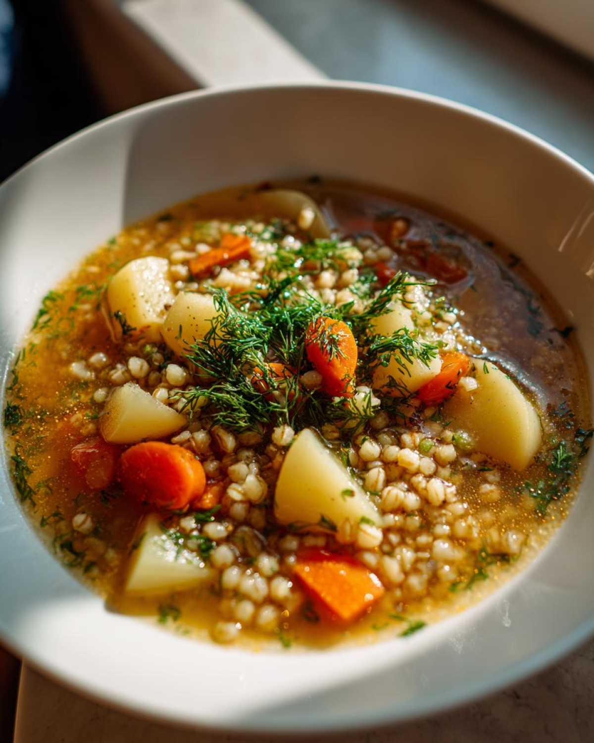 Miseczka gorącego Krupnik wegetariański z kaszą jęczmienną, ziemniakami, marchewką i świeżym koperkiem.