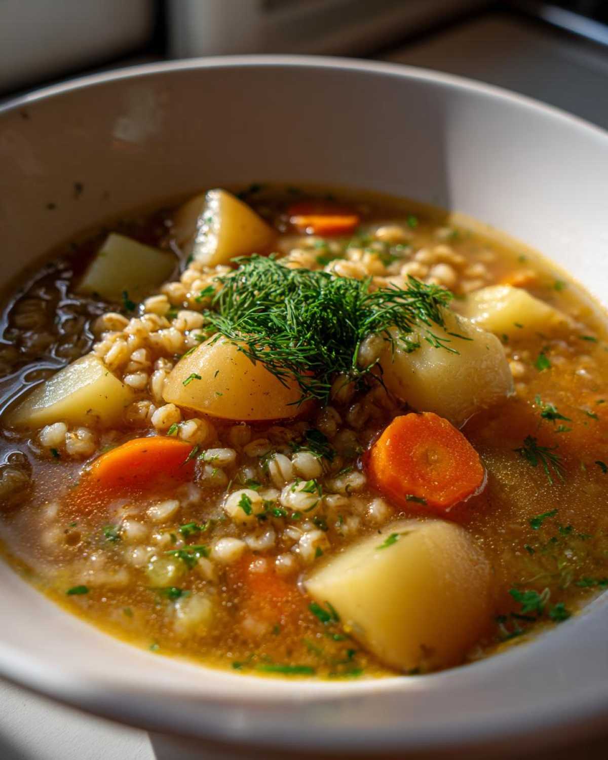 Zbliżenie na miskę Krupnik wegetariański z kaszą jęczmienną, ziemniakami, marchewką i dużą ilością koperku.