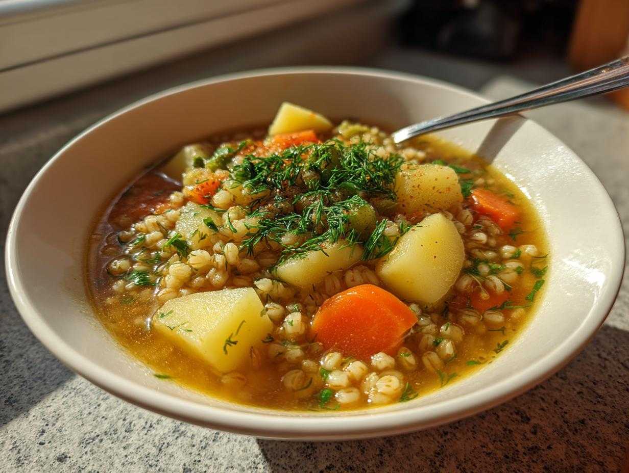 Miseczka pełna Krupniku wegetariańskiego z widoczną kaszą jęczmienną, ziemniakami, marchewką i świeżym koperkiem.