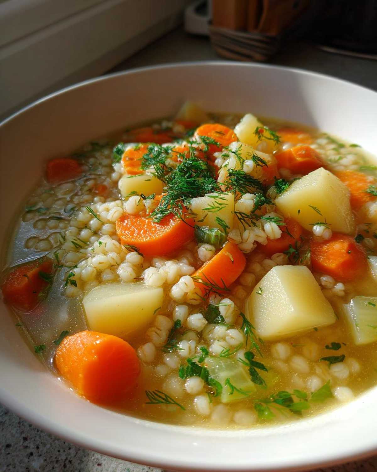 Zbliżenie na miskę Krupnik wegetariański z widoczną kaszą jęczmienną, marchewką, ziemniakami i koperkiem.
