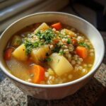 Miseczka pełna aromatycznego Krupnik wegetariański z dużymi kawałkami ziemniaków, marchewki i kaszy jęczmiennej, posypana koperkiem.