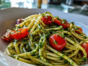 Zbliżenie na talerz z makaronem z pesto i połówkami pomidorków koktajlowych, czyli makaron z pesto i pomidorkami.