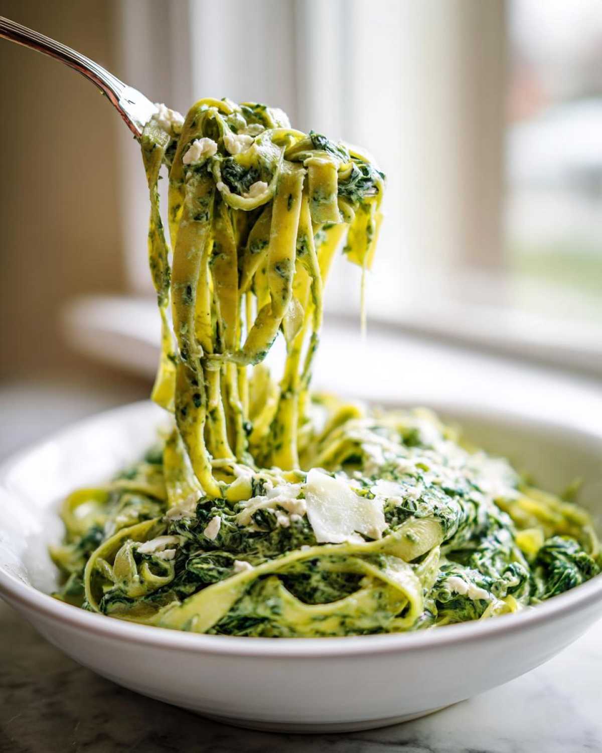 Widelec wyciągający kremowy makaron ze szpinakiem i fetą z białej miski.