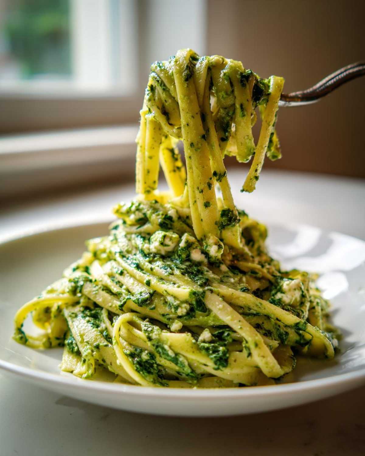 Zbliżenie na makaron ze szpinakiem i fetą podnoszony widelcem z białego talerza.