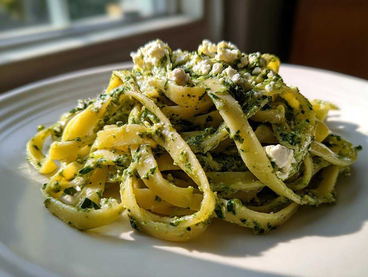 Zbliżenie na porcję makaronu ze szpinakiem i fetą, polanego sosem, na białym talerzu.