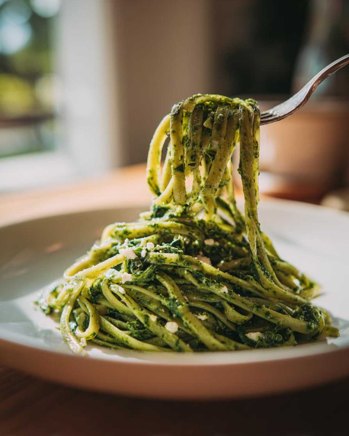 Zbliżenie na makaron ze szpinakiem i fetą, który jest podnoszony widelcem z białego talerza.