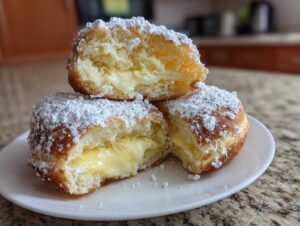 Trzy przekrojone Mini pączki z budyniem, obficie posypane cukrem pudrem, prezentowane na białym talerzyku.