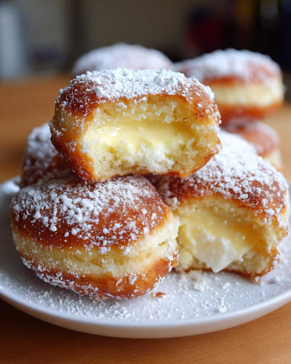 Zbliżenie na Mini pączki z budyniem, jeden przekrojony, ukazujący kremowe nadzienie budyniowe, posypane cukrem pudrem.