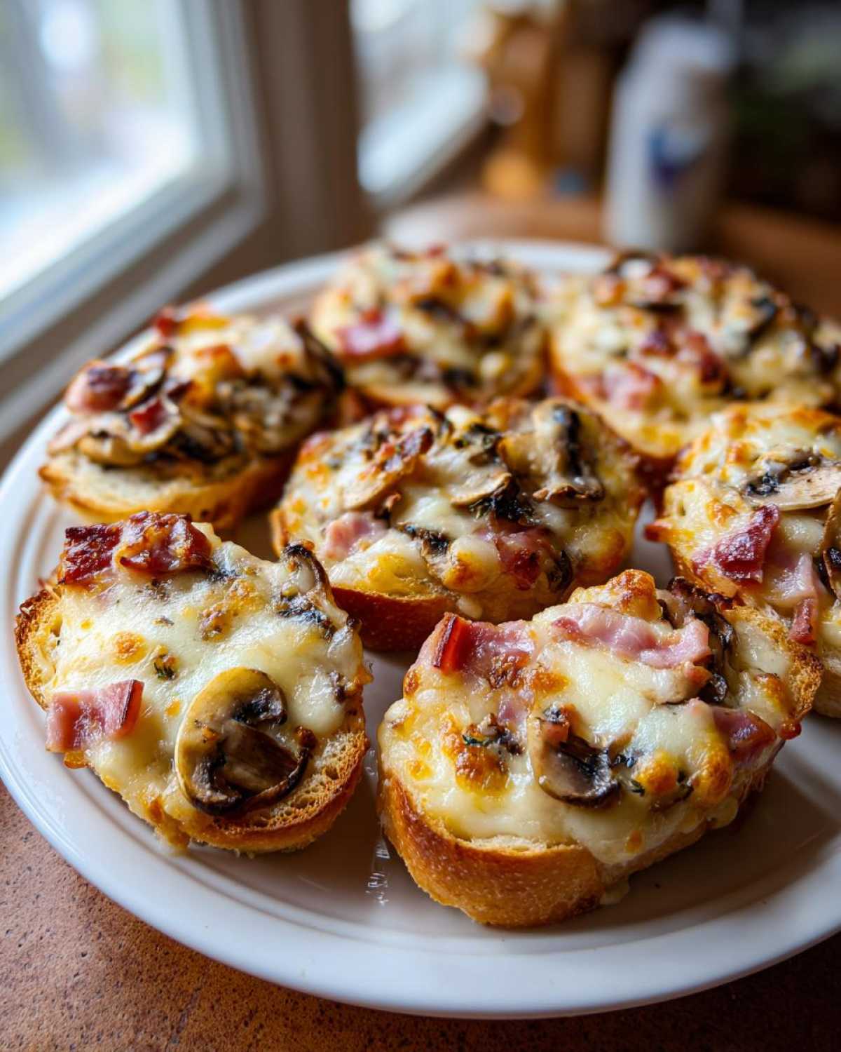 Talerz pełen chrupiących Mini zapiekanki z bagietki z roztopionym serem, szynką i pieczarkami.