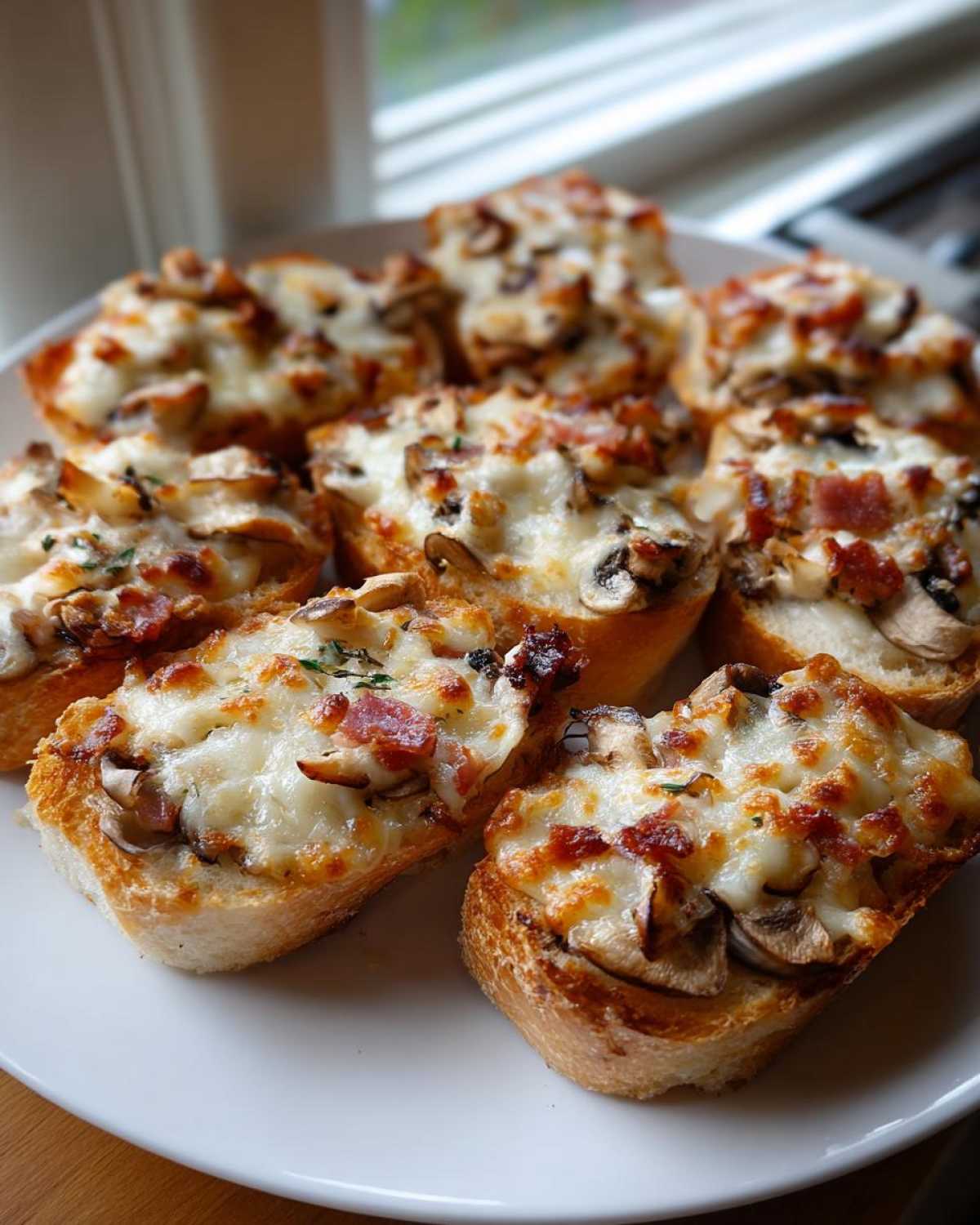 Kilka porcji Mini zapiekanki z bagietki z roztopionym serem, pieczarkami i bekonem na białym talerzu.