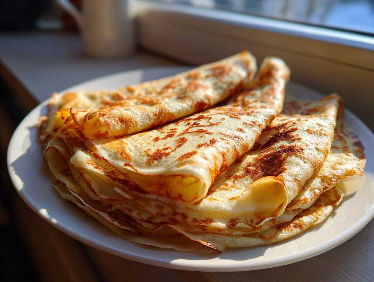 Zbliżenie na stos złożonych naleśniki z serem na słodko, złociste i rumiane, na białym talerzu.