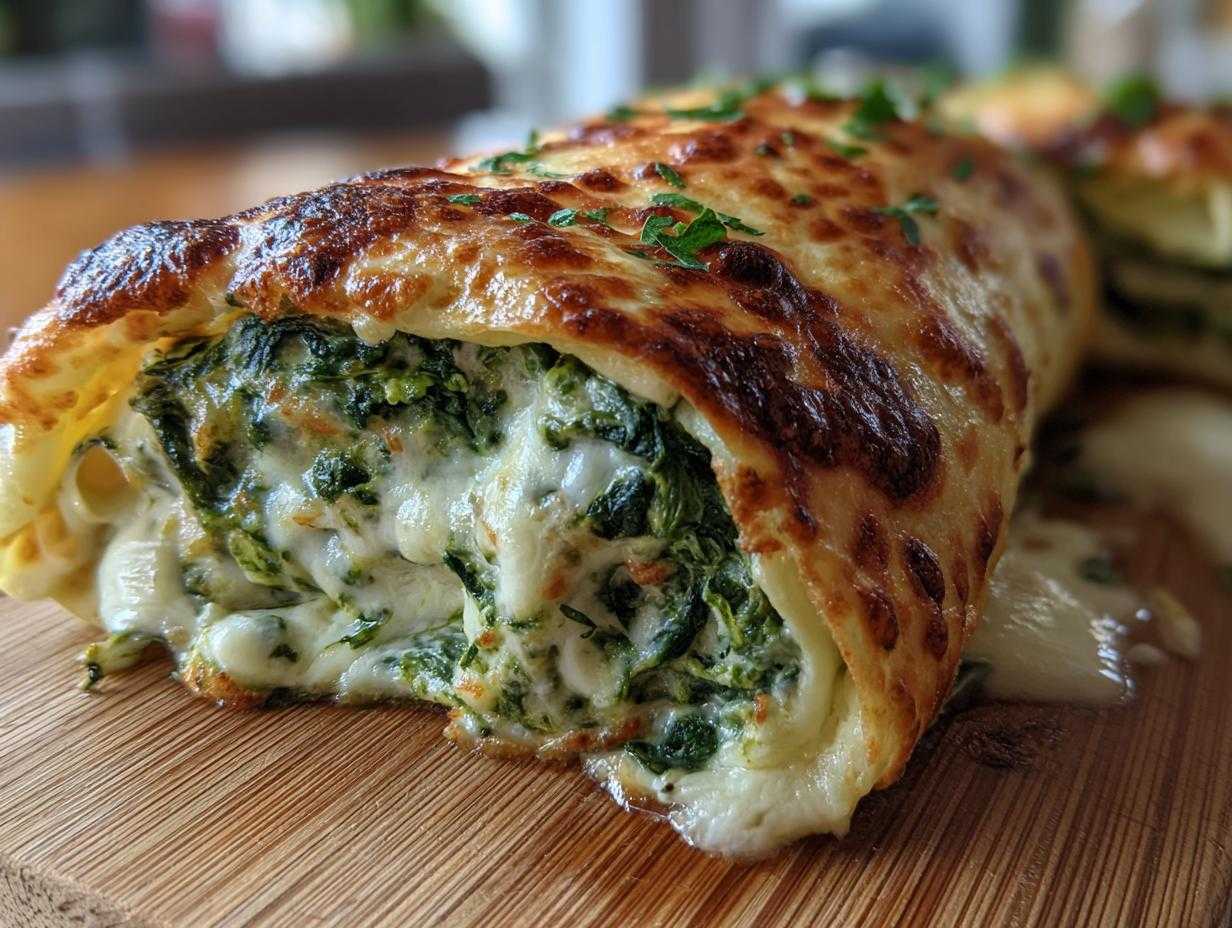 Zbliżenie na zapiekane naleśniki ze szpinakiem, widoczny ciągnący się ser i przypieczony wierzch.