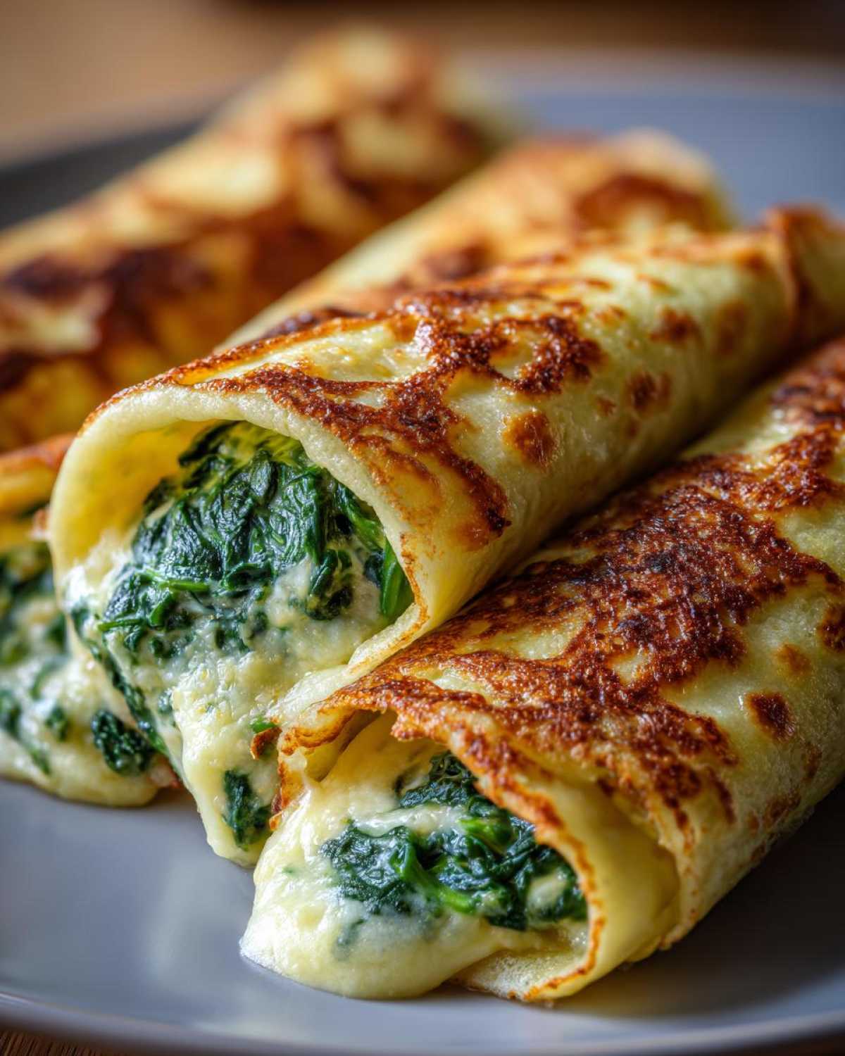 Zbliżenie na zapiekane naleśniki ze szpinakiem i serem, widoczne złociste ciasto i kremowe nadzienie.