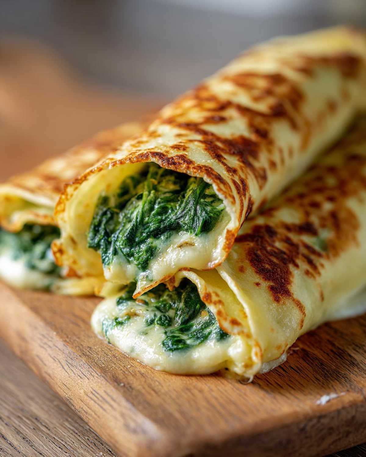 Zbliżenie na zwinięte naleśniki ze szpinakiem zapiekane z ciągnącym się serem.