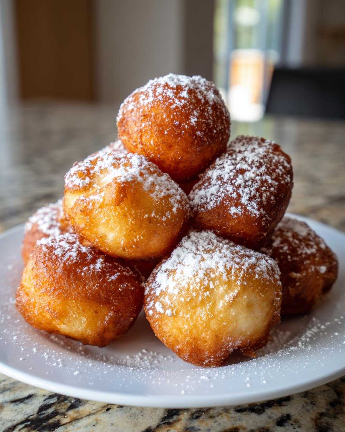 Stos puszystych, złocistych oponek serowych bez sody, obficie posypanych cukrem pudrem na białym talerzu.