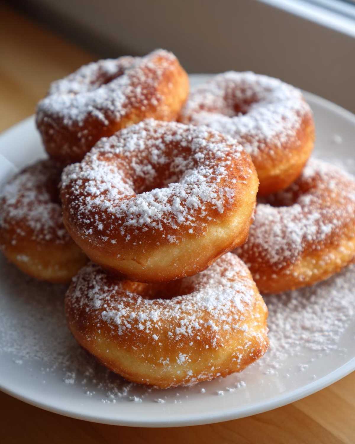 Stos puszystych oponek z jogurtu greckiego, obficie posypanych cukrem pudrem na białym talerzu.