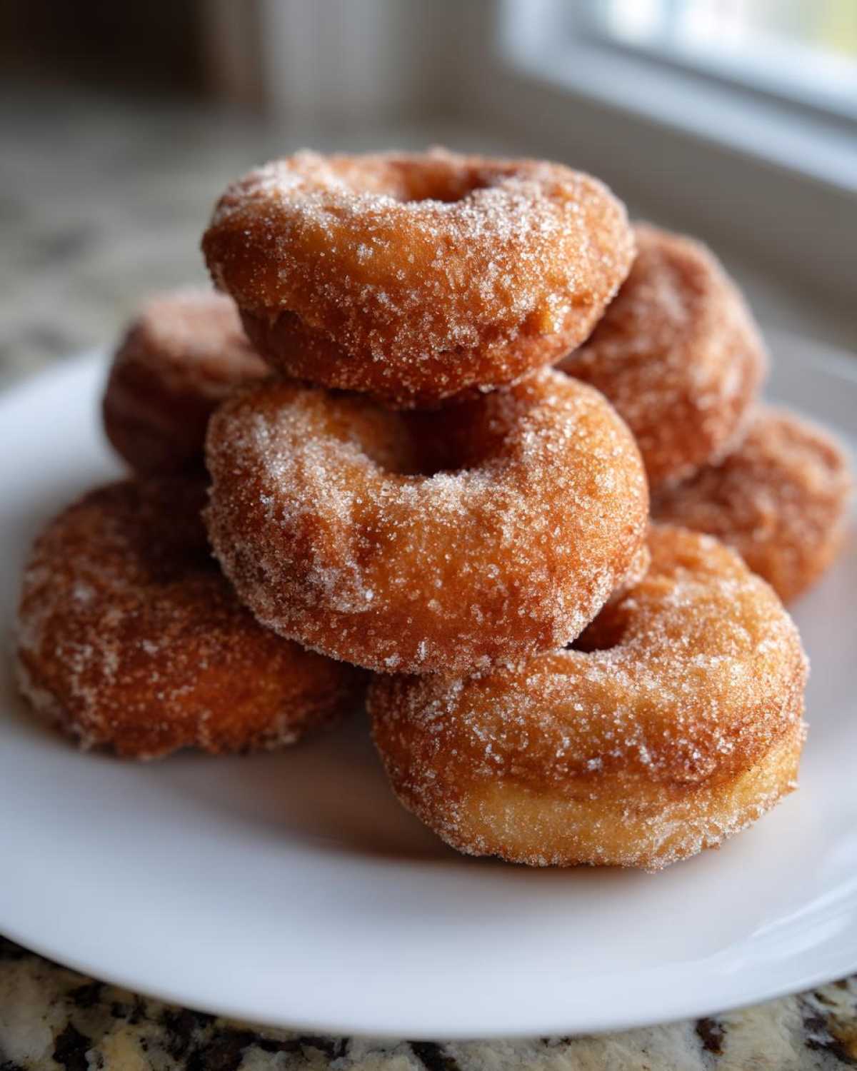 Stos puszystych, smażonych oponek z jogurtu greckiego obficie obtoczonych w cukrze na białym talerzu.