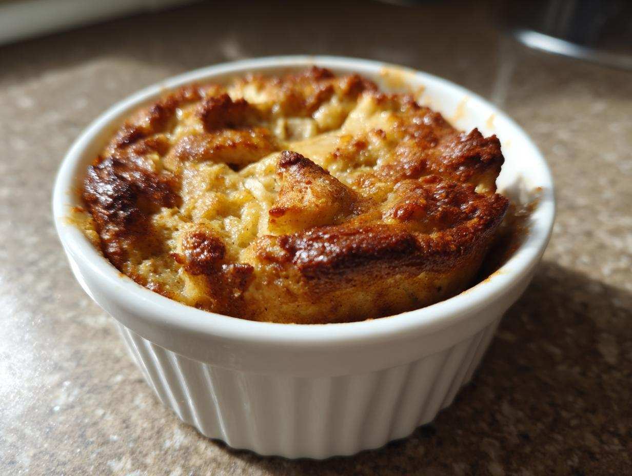 Złocista i przypieczona owsianka pieczona z jabłkiem w małej, białej kokilce.