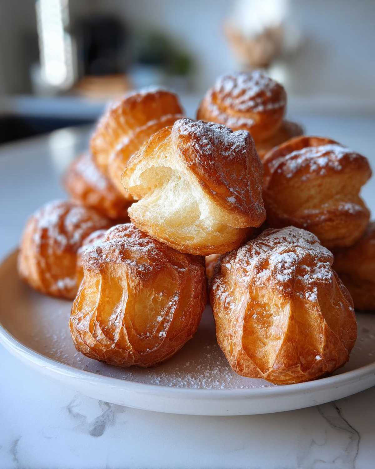 Stos puszystych pączki hiszpańskie gniazdka posypanych cukrem pudrem na białym talerzu.