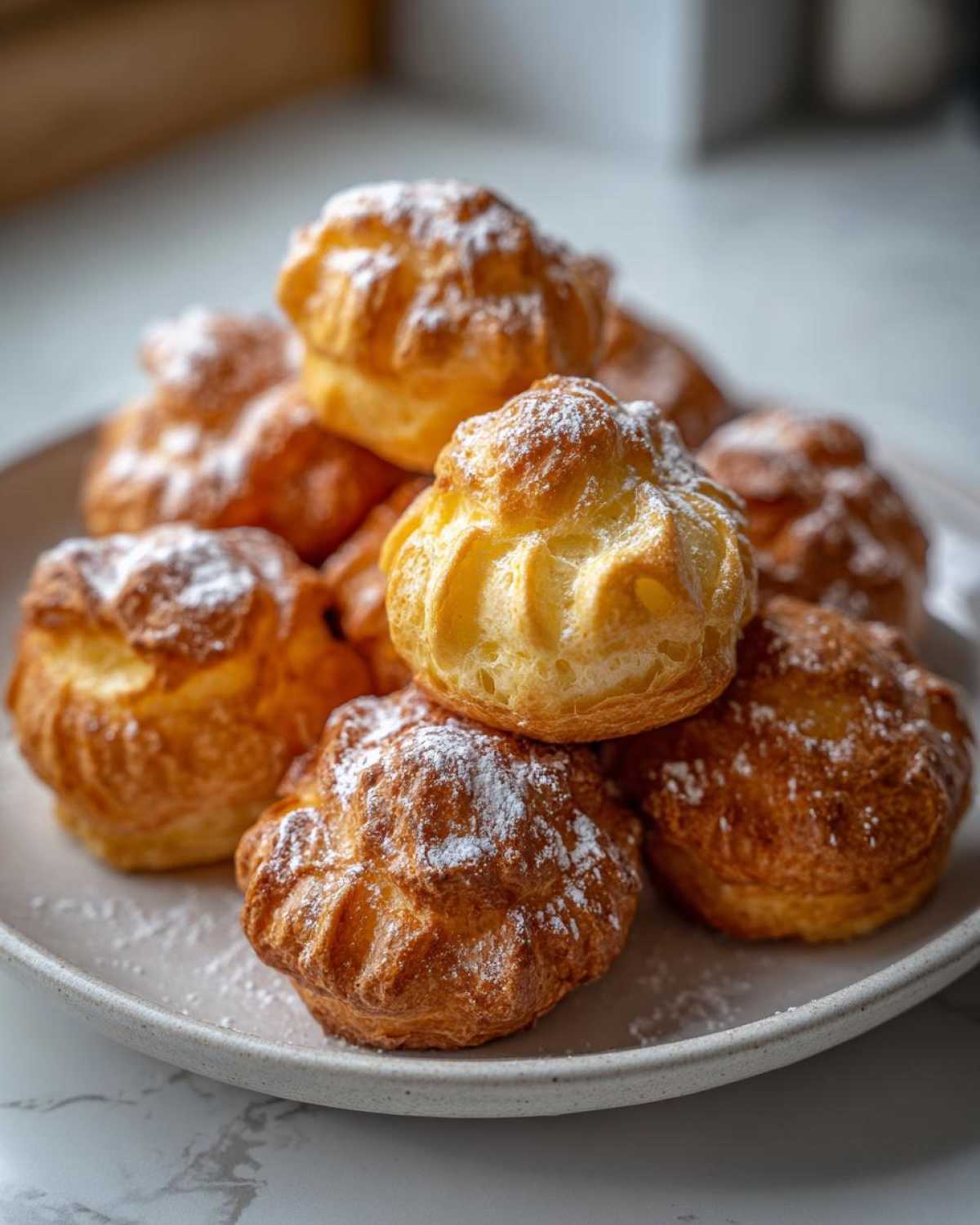 Zbliżenie na stos puszystych Pączki hiszpańskie gniazdka posypane cukrem pudrem na szarym talerzu.