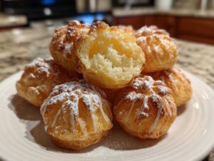 Stos puszystych Pączki hiszpańskie gniazdka polane lukrem i posypane cukrem pudrem na białym talerzu.