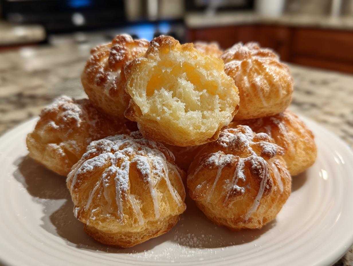 Stos puszystych Pączki hiszpańskie gniazdka polane lukrem i posypane cukrem pudrem na białym talerzu.